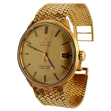 omega deville automatic date old all 18k gold mens watch|omega deville gold men's watch.